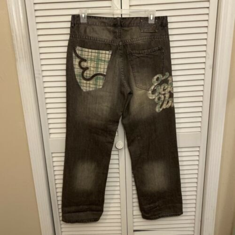 Ecko Unltd Mens Jeans Size 34x34 Black Embroidered Distressed